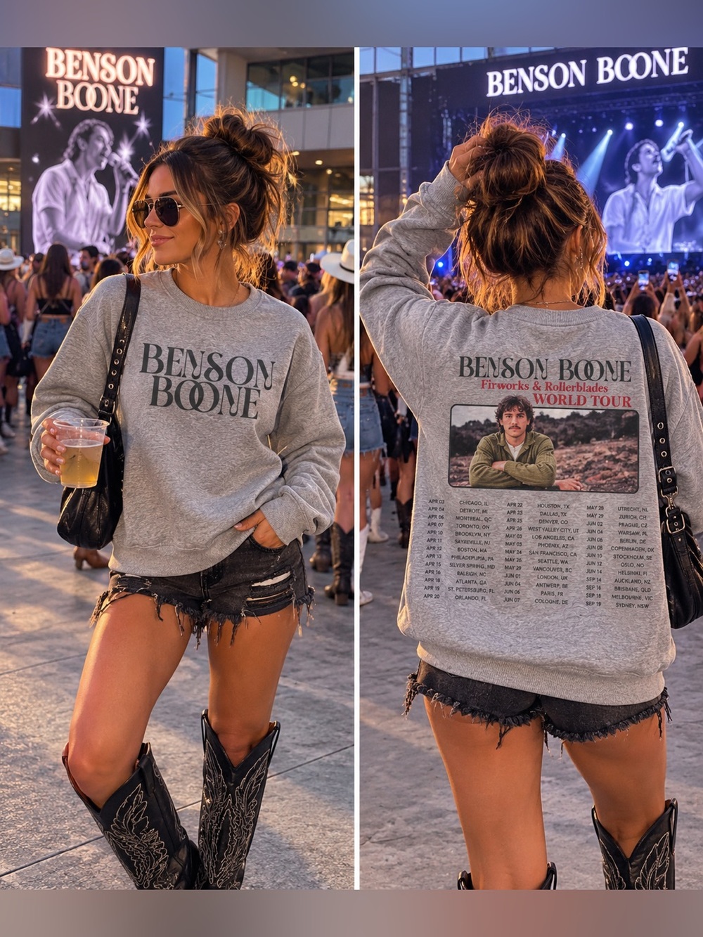 Source Unknown Gray Benson Boone Tour Crewneck Sweatshirt